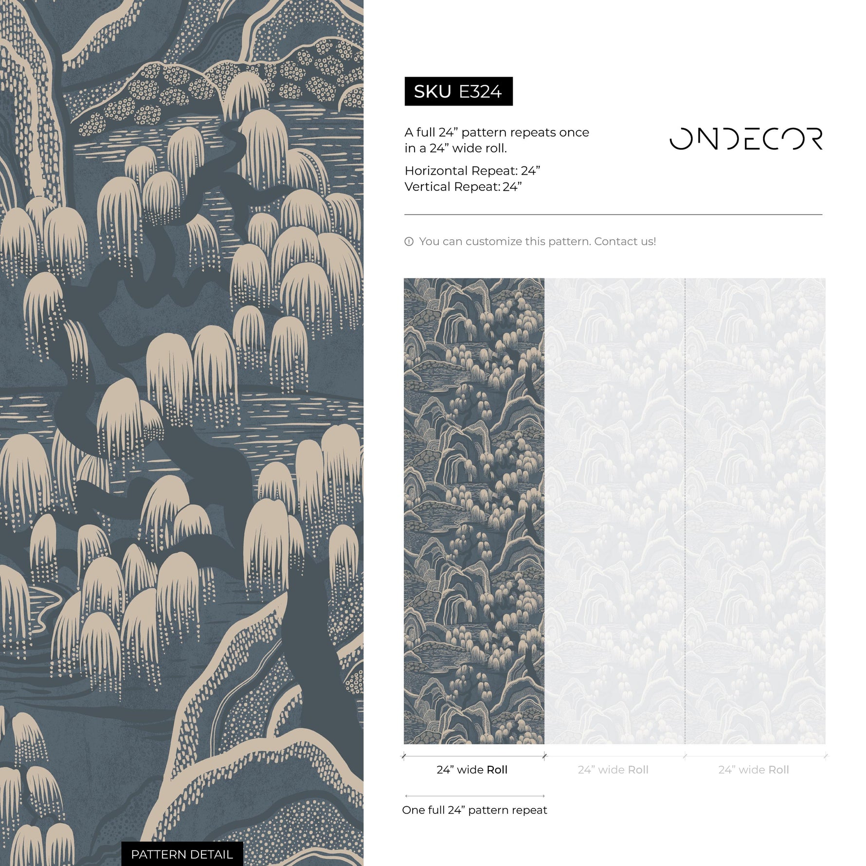 Chinoiserie Wallpaper with a Mountain Landscape in Blue and Beige - E324