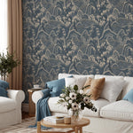 Chinoiserie Wallpaper with a Mountain Landscape in Blue and Beige - E324