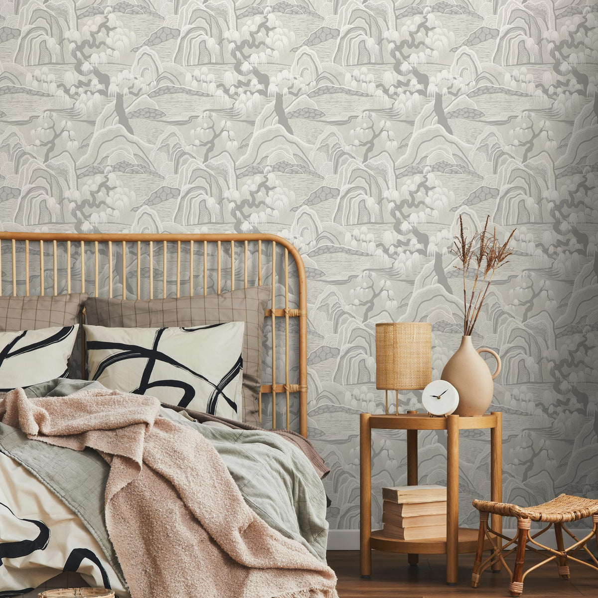 Landscape Wallpaper with a Serene Mountain and Willow Scene in Gray and Beige - E325