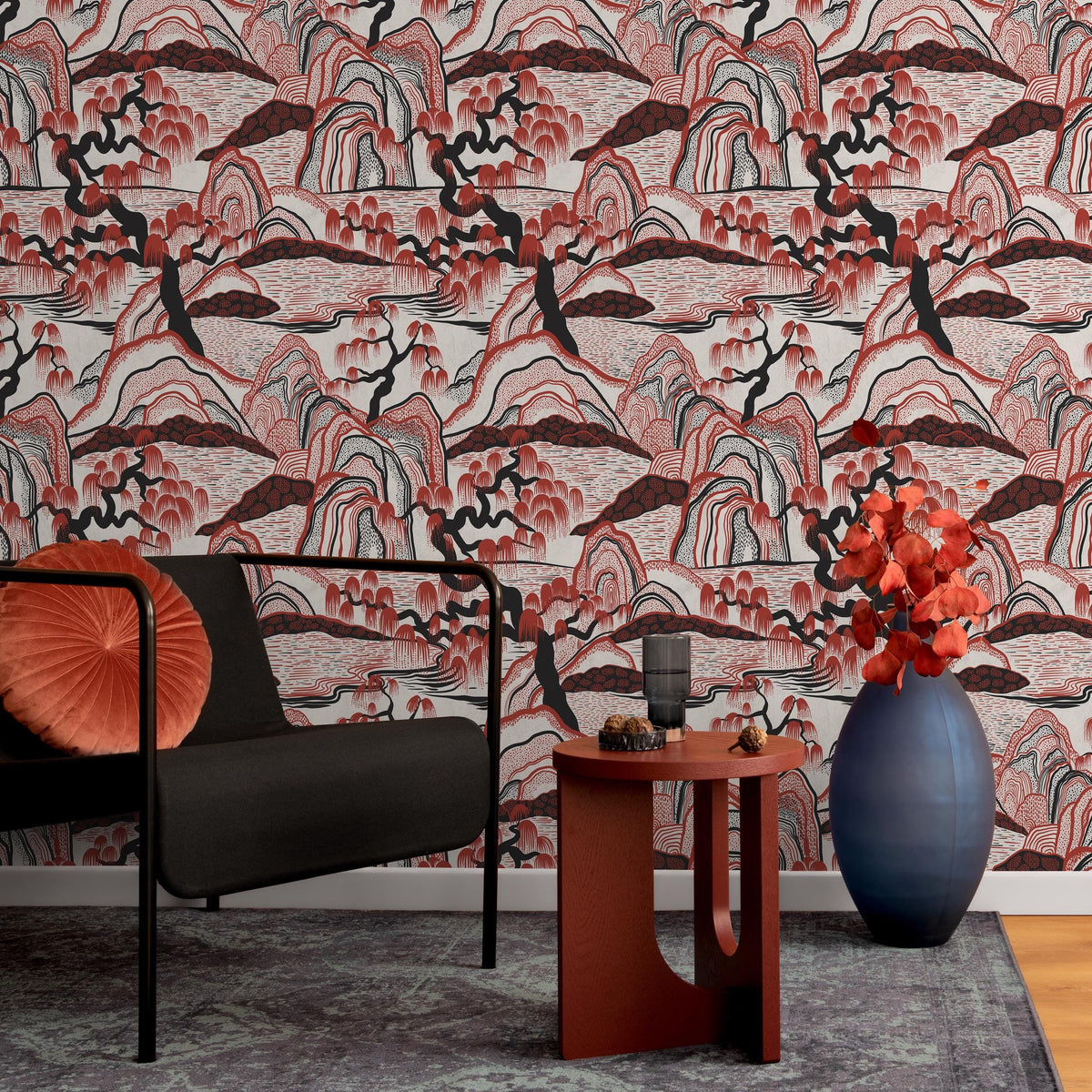 Japanese Wallpaper with a Mountain Landscape in Red and Black - E329