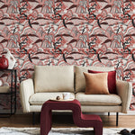 Japanese Wallpaper with a Mountain Landscape in Red and Black - E329