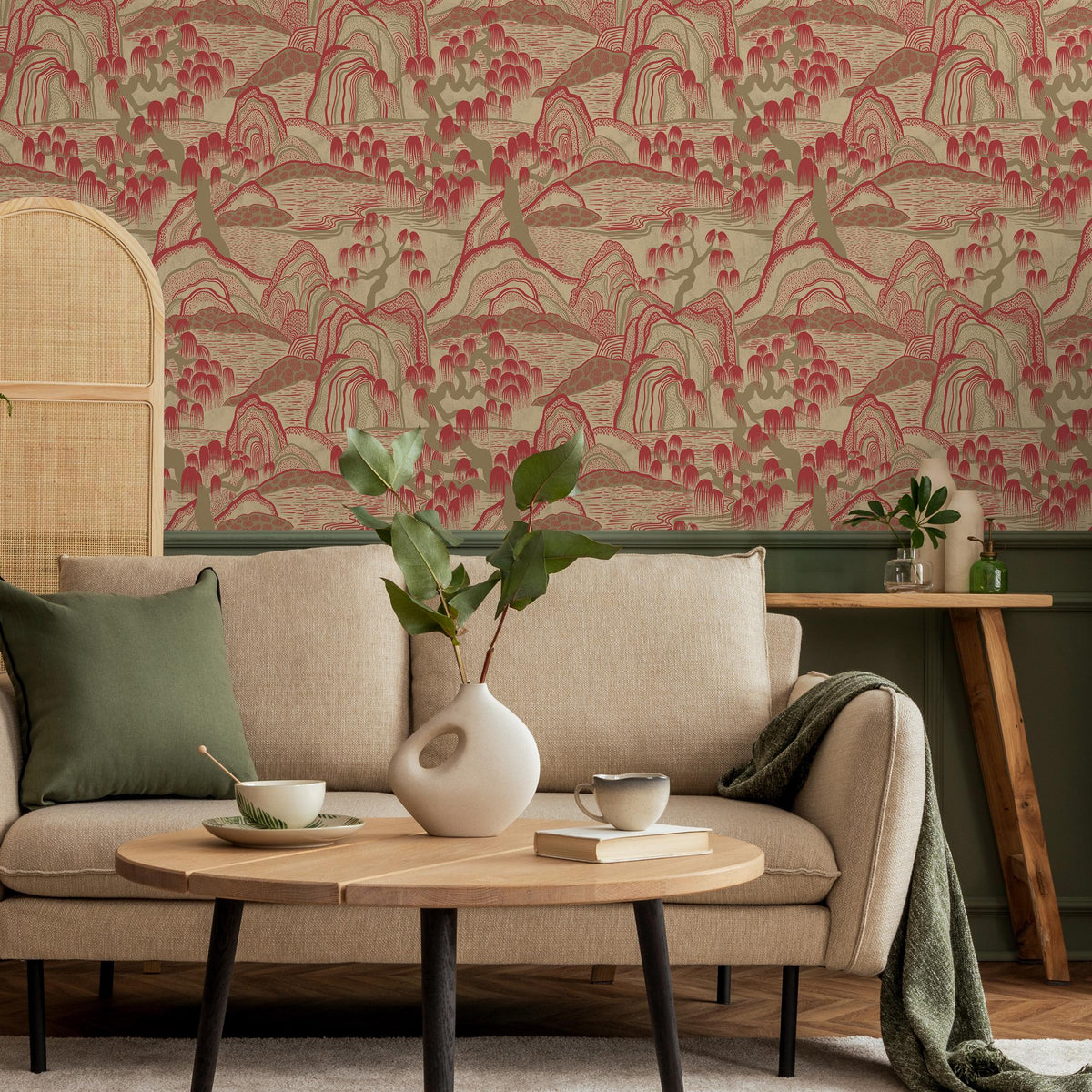Chinoiserie Wallpaper with a Mountain Landscape in Red and Beige - E331
