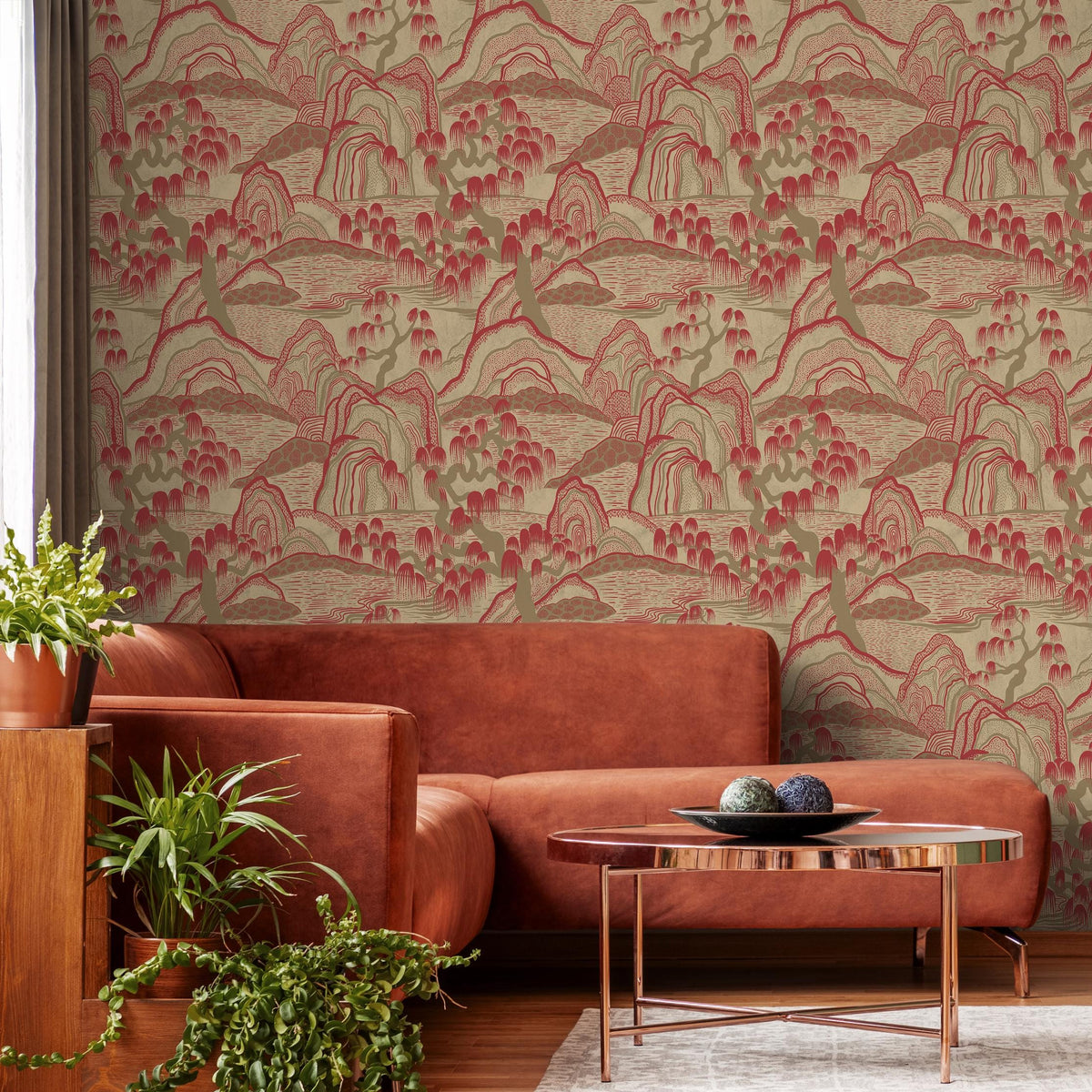 Chinoiserie Wallpaper with a Mountain Landscape in Red and Beige - E331