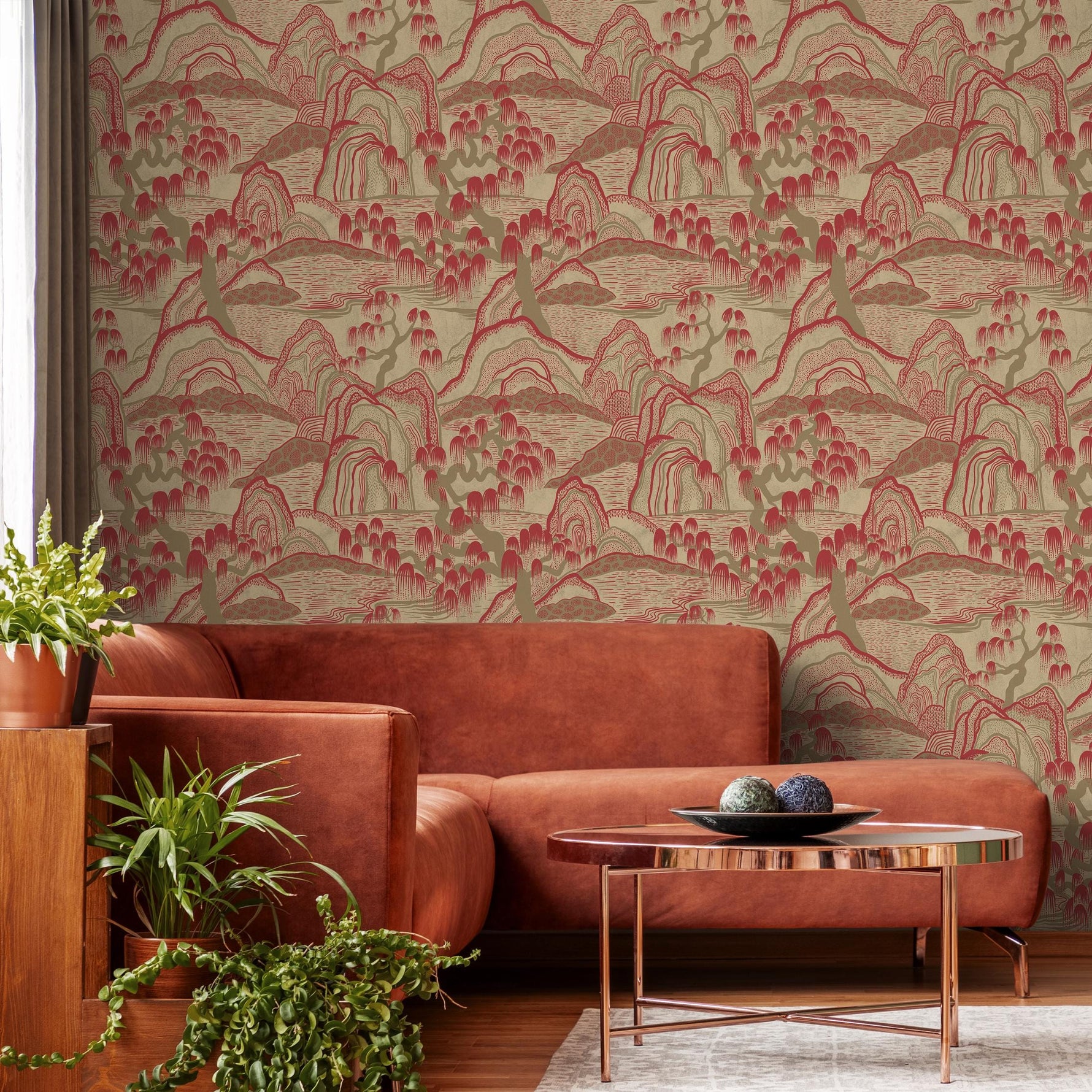 Chinoiserie Wallpaper with a Mountain Landscape in Red and Beige - E331