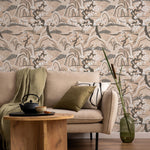 Chinoiserie Wallpaper with a Stylized Mountain Scene in Beige, Brown, and Cream - E332