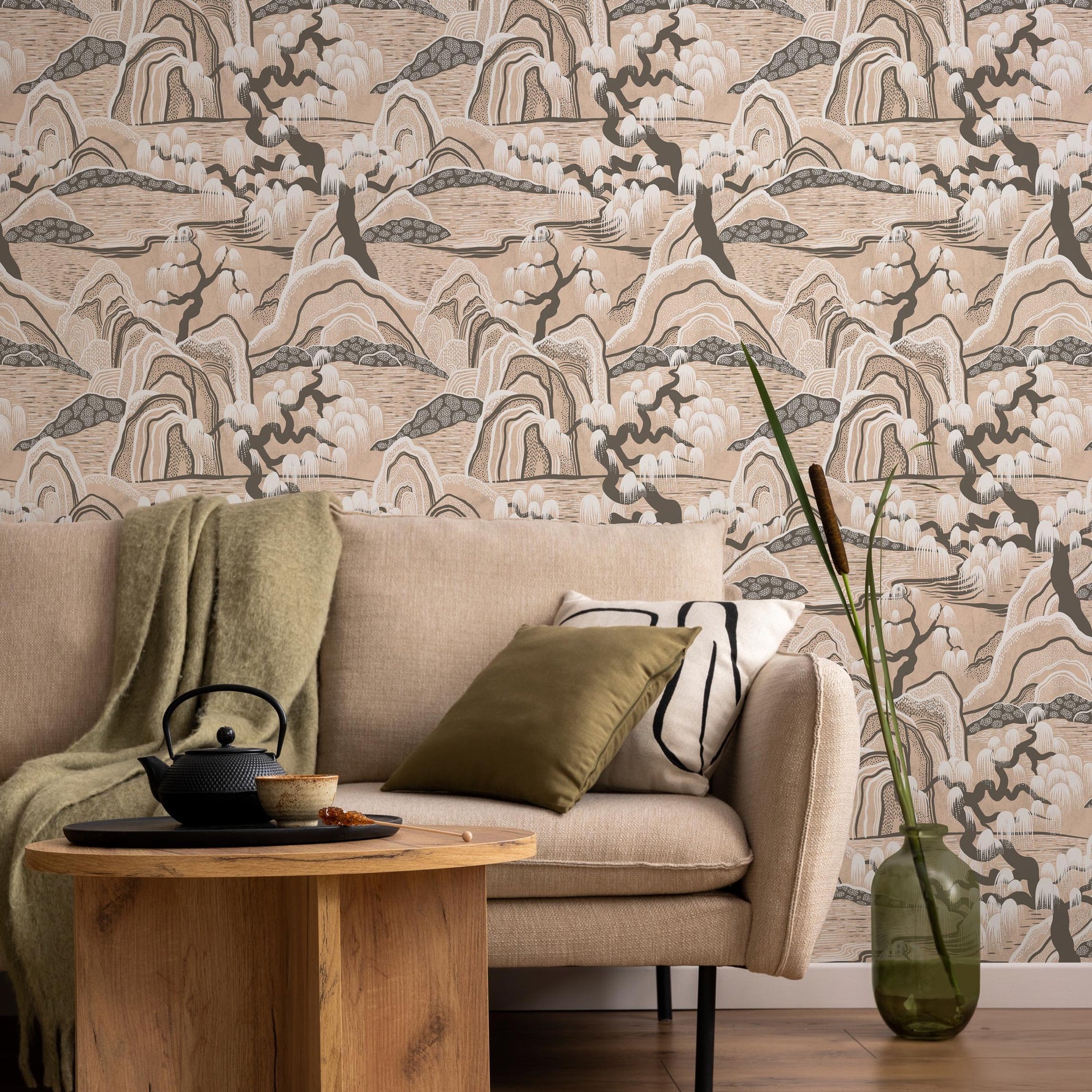 Chinoiserie Wallpaper with a Stylized Mountain Scene in Beige, Brown, and Cream - E332