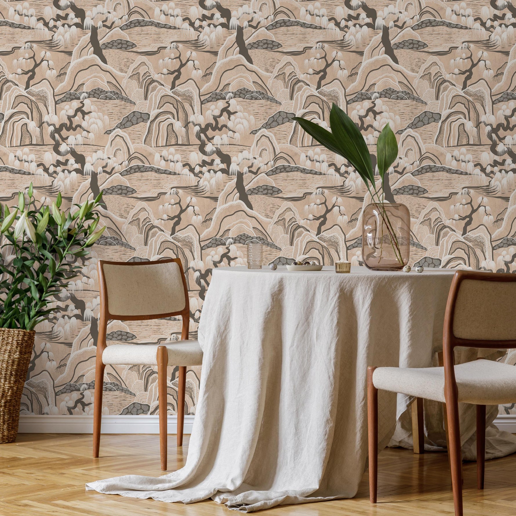 Chinoiserie Wallpaper with a Stylized Mountain Scene in Beige, Brown, and Cream - E332
