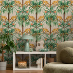 Tropical Wallpaper with a Vintage Monkey and Palm Tree Motif in Green and Beige - E335