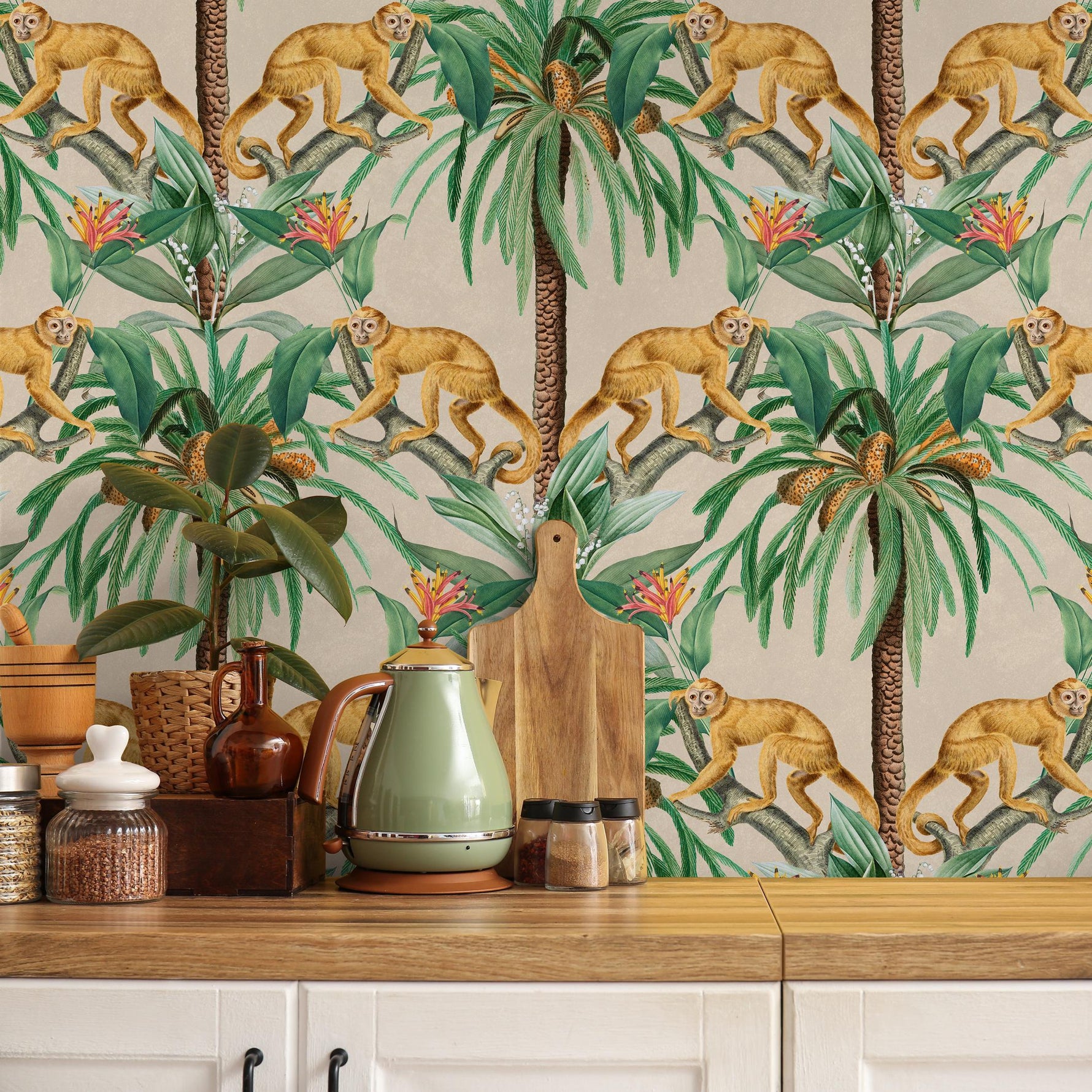 Tropical Wallpaper with a Vintage Monkey and Palm Tree Motif in Green and Beige - E335
