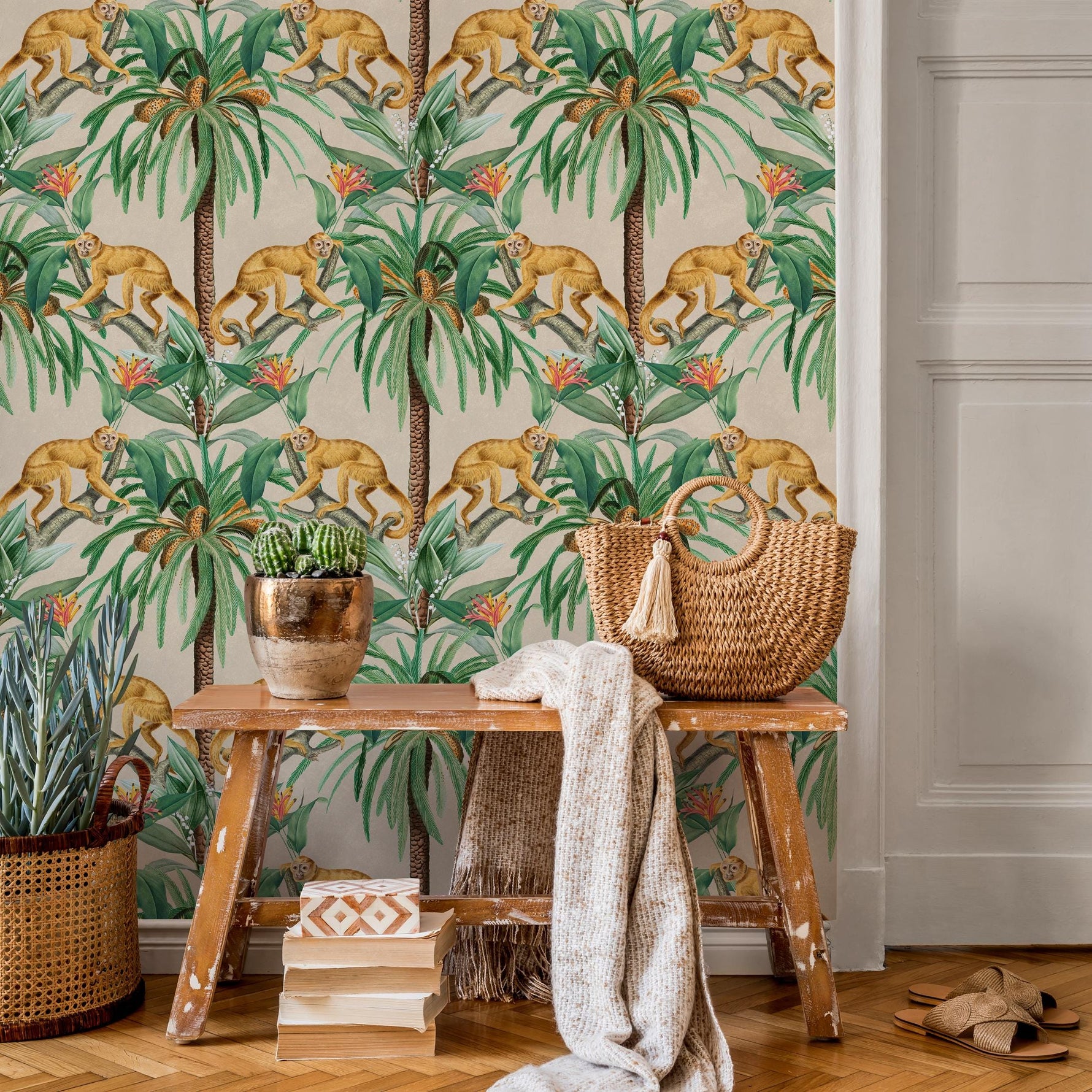 Tropical Wallpaper with a Vintage Monkey and Palm Tree Motif in Green and Beige - E335
