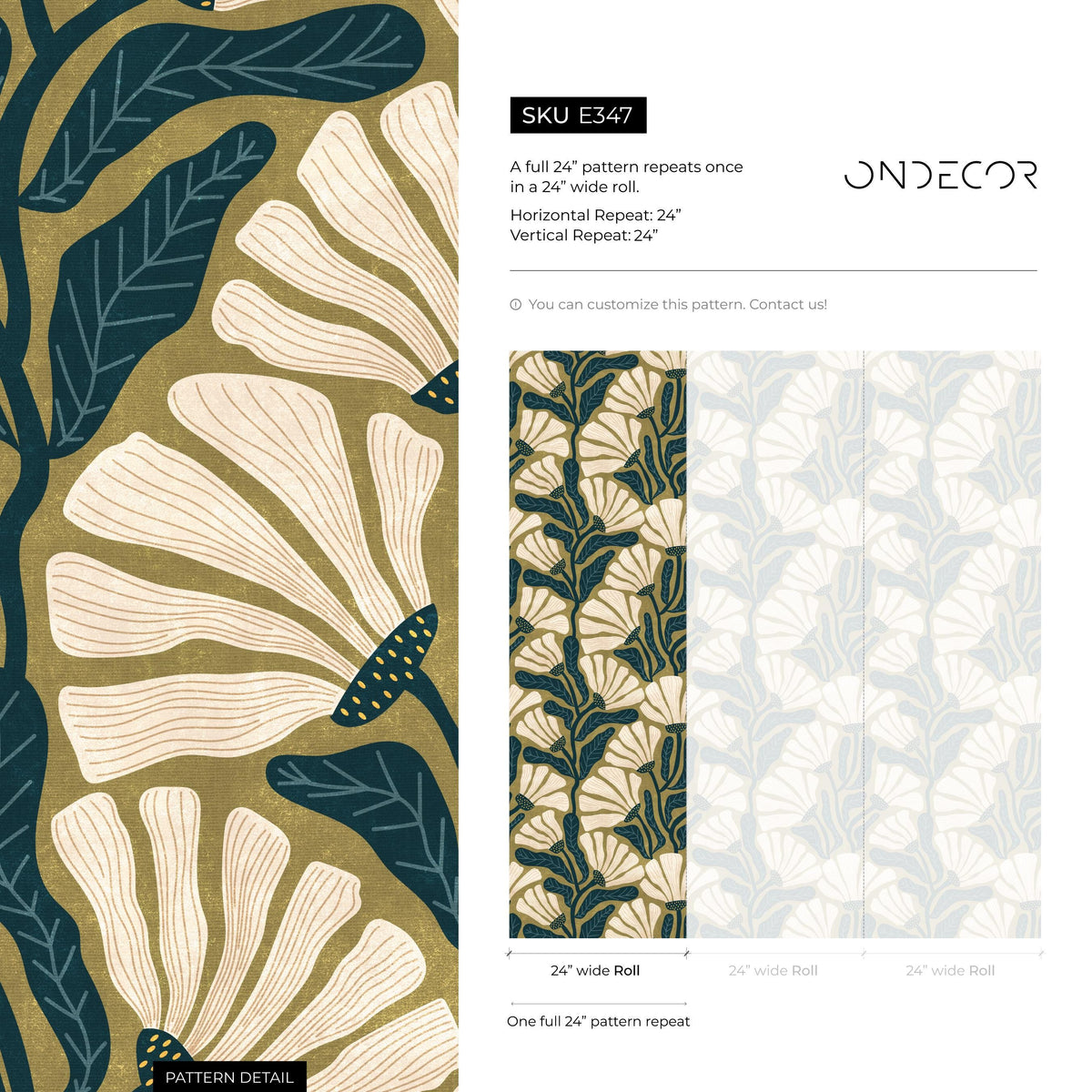 Floral Wallpaper with a Retro Botanical Motif in Olive Green, Teal and Cream - E347