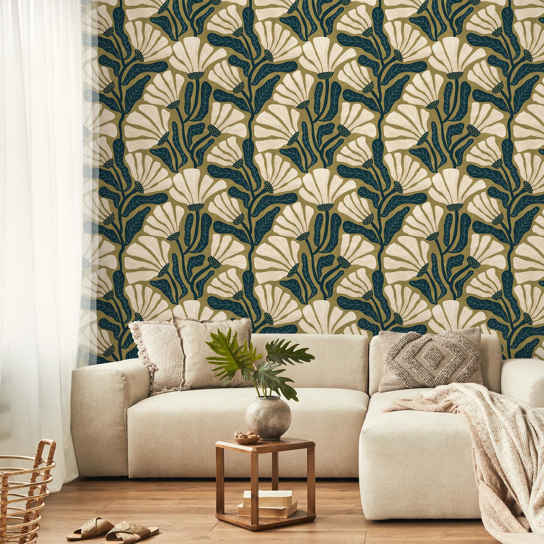 Floral Wallpaper with a Retro Botanical Motif in Olive Green, Teal and Cream - E347