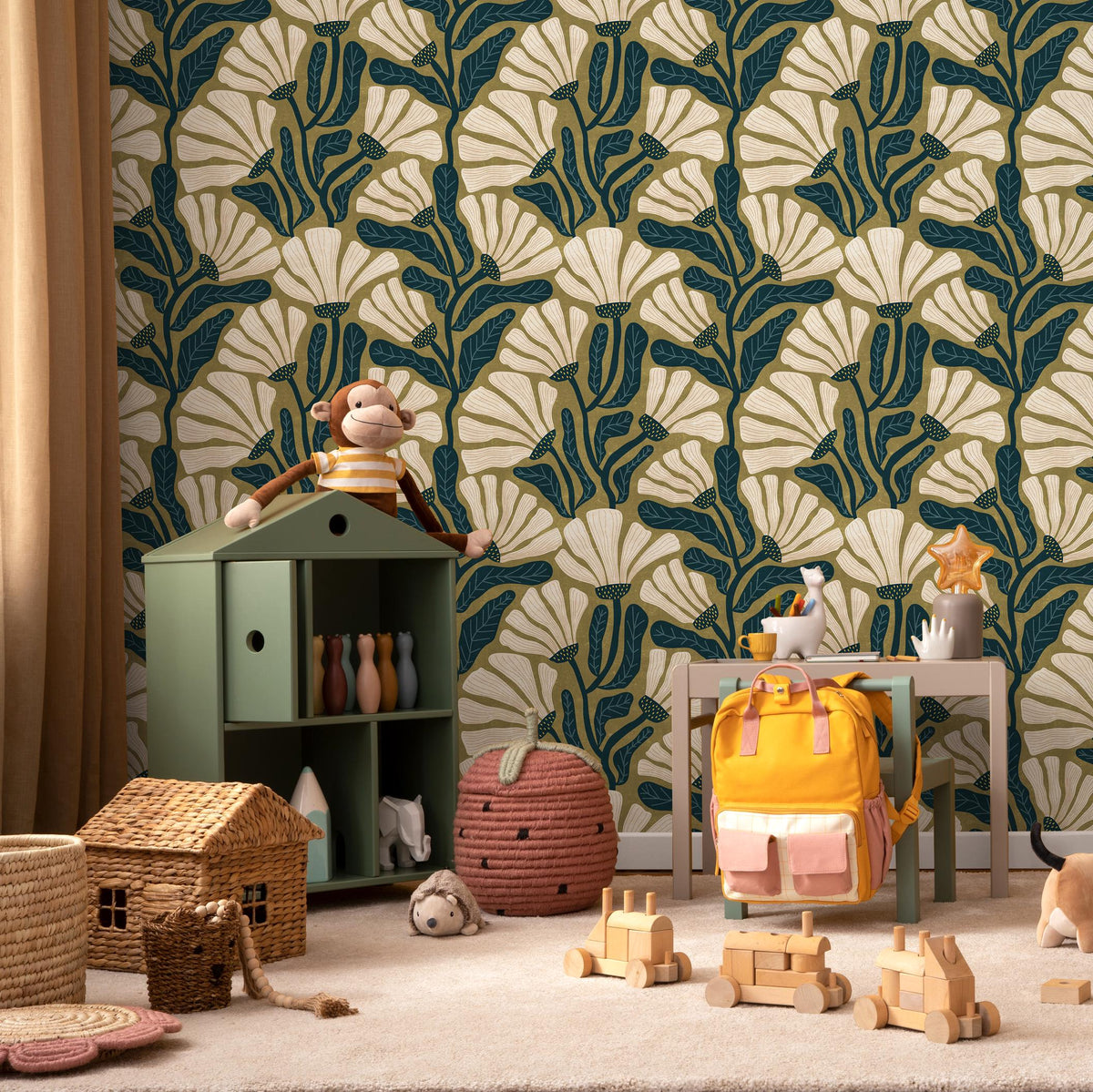 Floral Wallpaper with a Retro Botanical Motif in Olive Green, Teal and Cream - E347