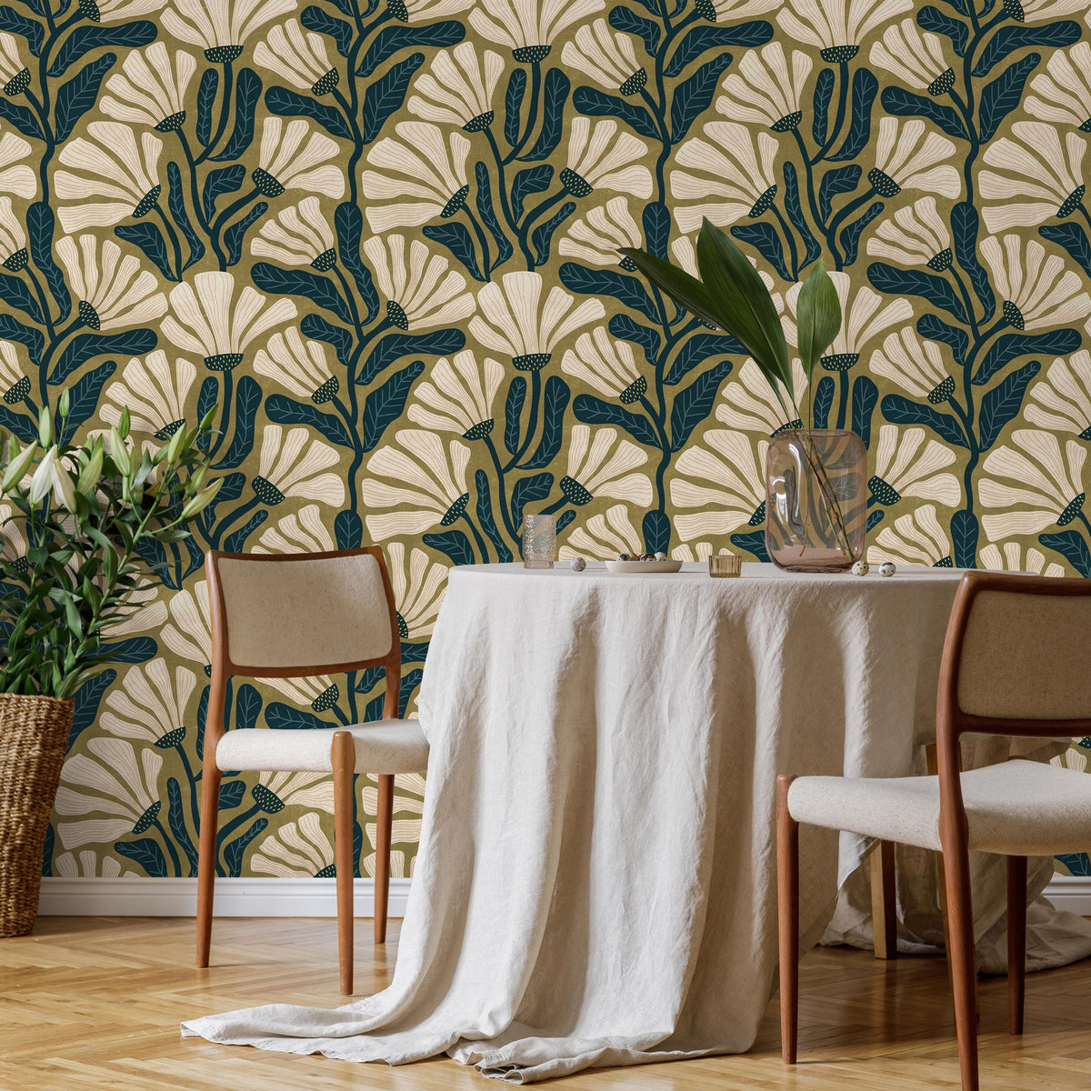 Floral Wallpaper with a Retro Botanical Motif in Olive Green, Teal and Cream - E347