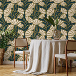 Floral Wallpaper with a Retro Botanical Motif in Olive Green, Teal and Cream - E347