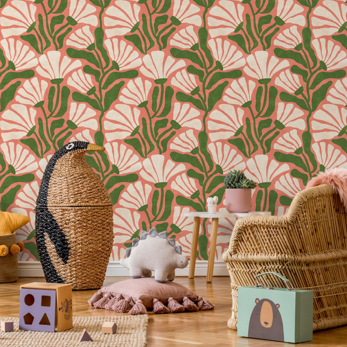 Floral Wallpaper with Stylized Fan Flowers in Coral, Green and Cream - E350