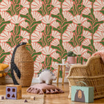 Floral Wallpaper with Stylized Fan Flowers in Coral, Green and Cream - E350