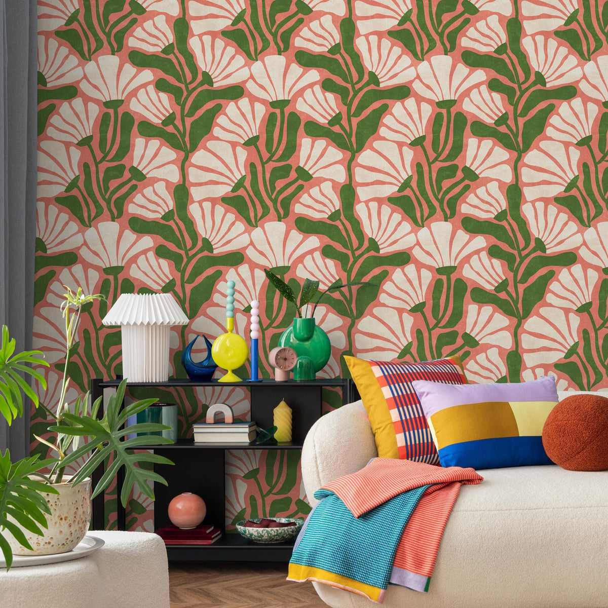 Floral Wallpaper with Stylized Fan Flowers in Coral, Green and Cream - E350
