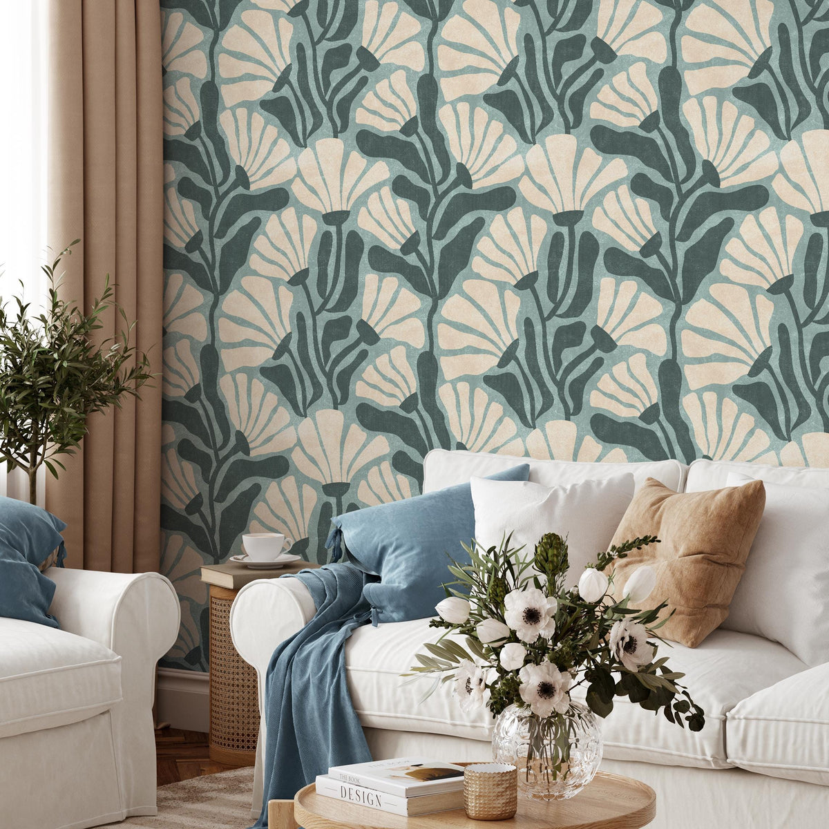 Floral Wallpaper with Stylized Fan Flowers in Light Blue, Cream and Dark Teal - E352