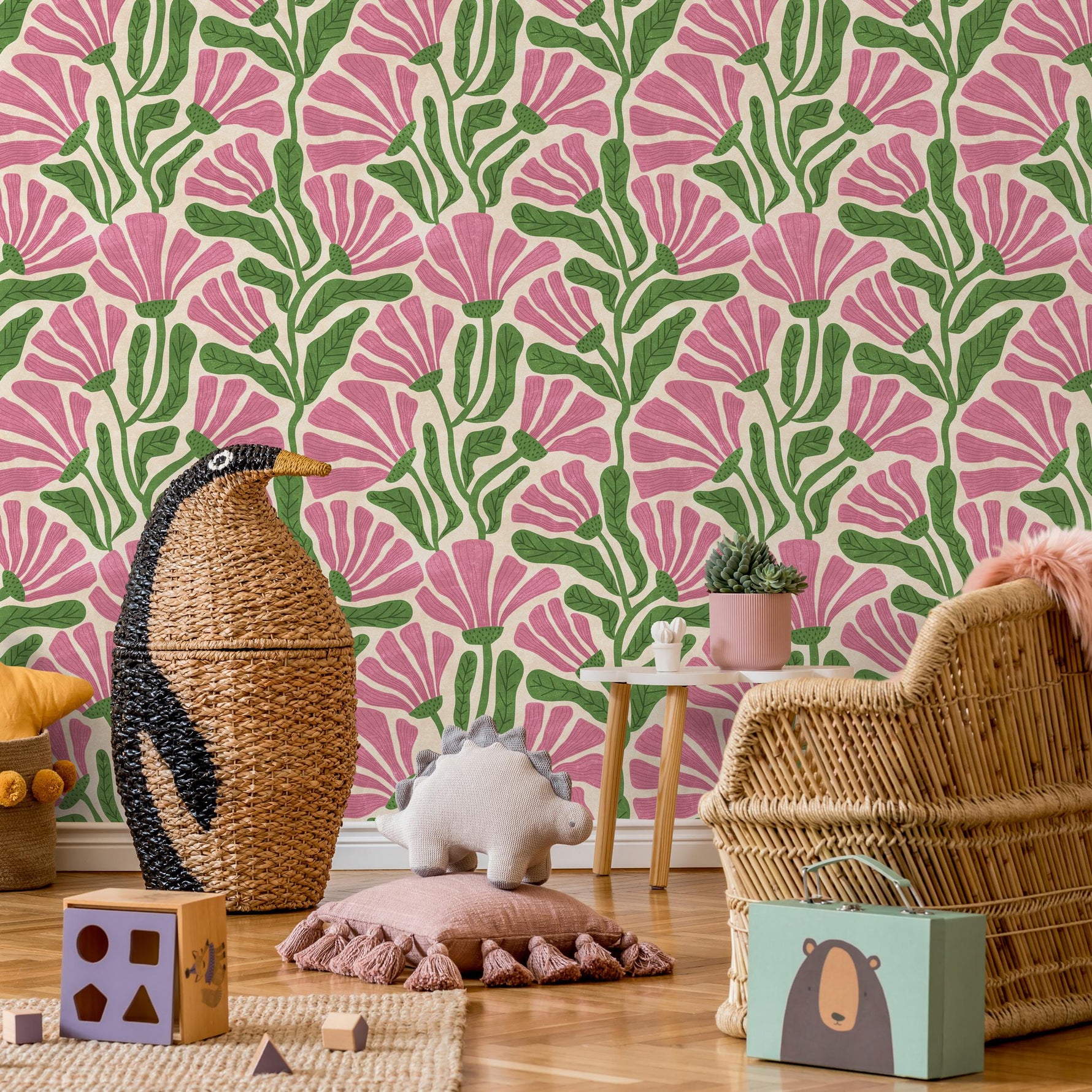Floral Wallpaper Featuring Stylized Flowers in Pink and Green - E353