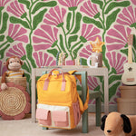Floral Wallpaper Featuring Stylized Flowers in Pink and Green - E353