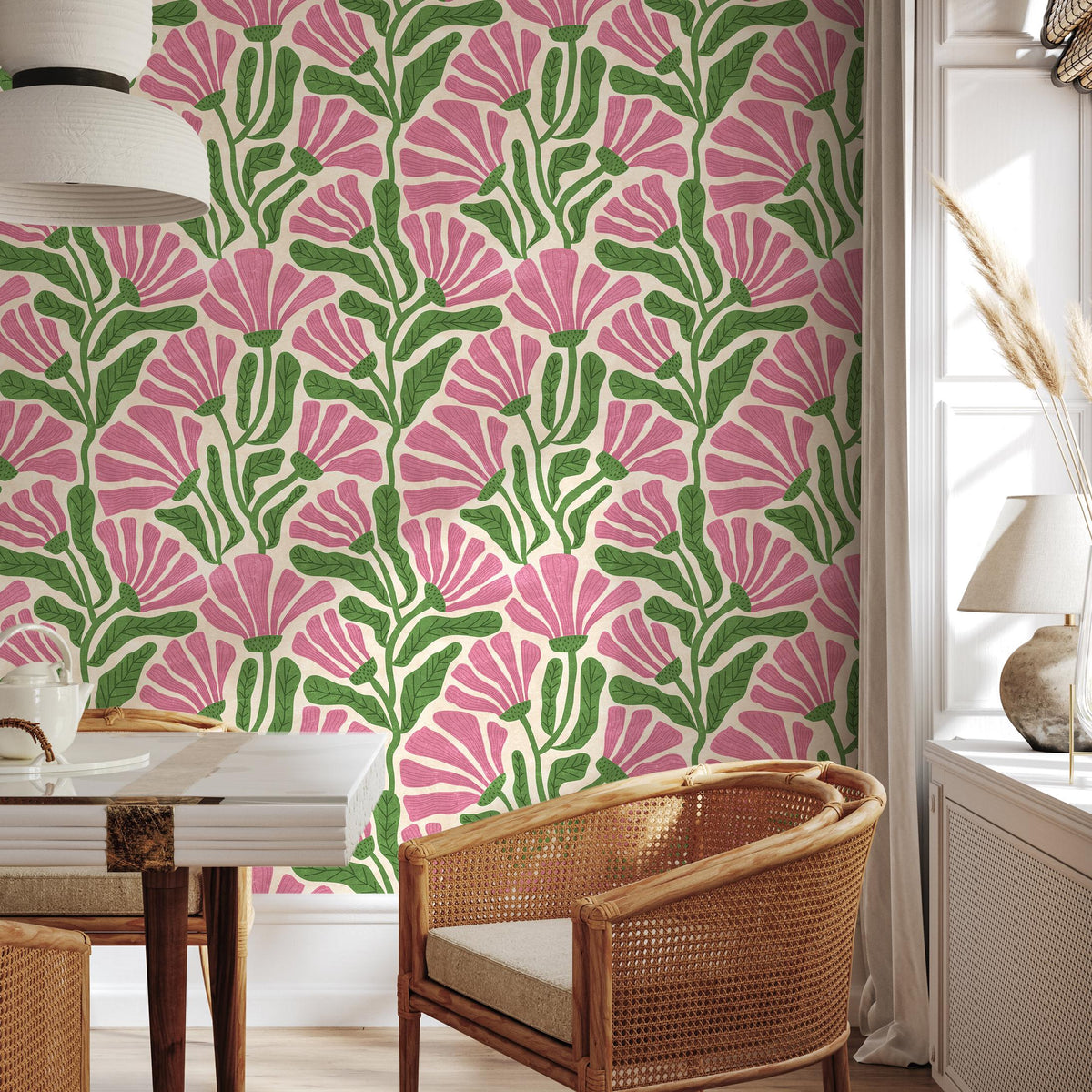 Floral Wallpaper Featuring Stylized Flowers in Pink and Green - E353