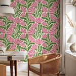 Floral Wallpaper Featuring Stylized Flowers in Pink and Green - E353