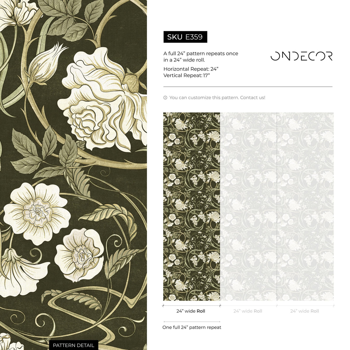 Art Nouveau Wallpaper with Swirling Floral Vines in Green and Cream - E359