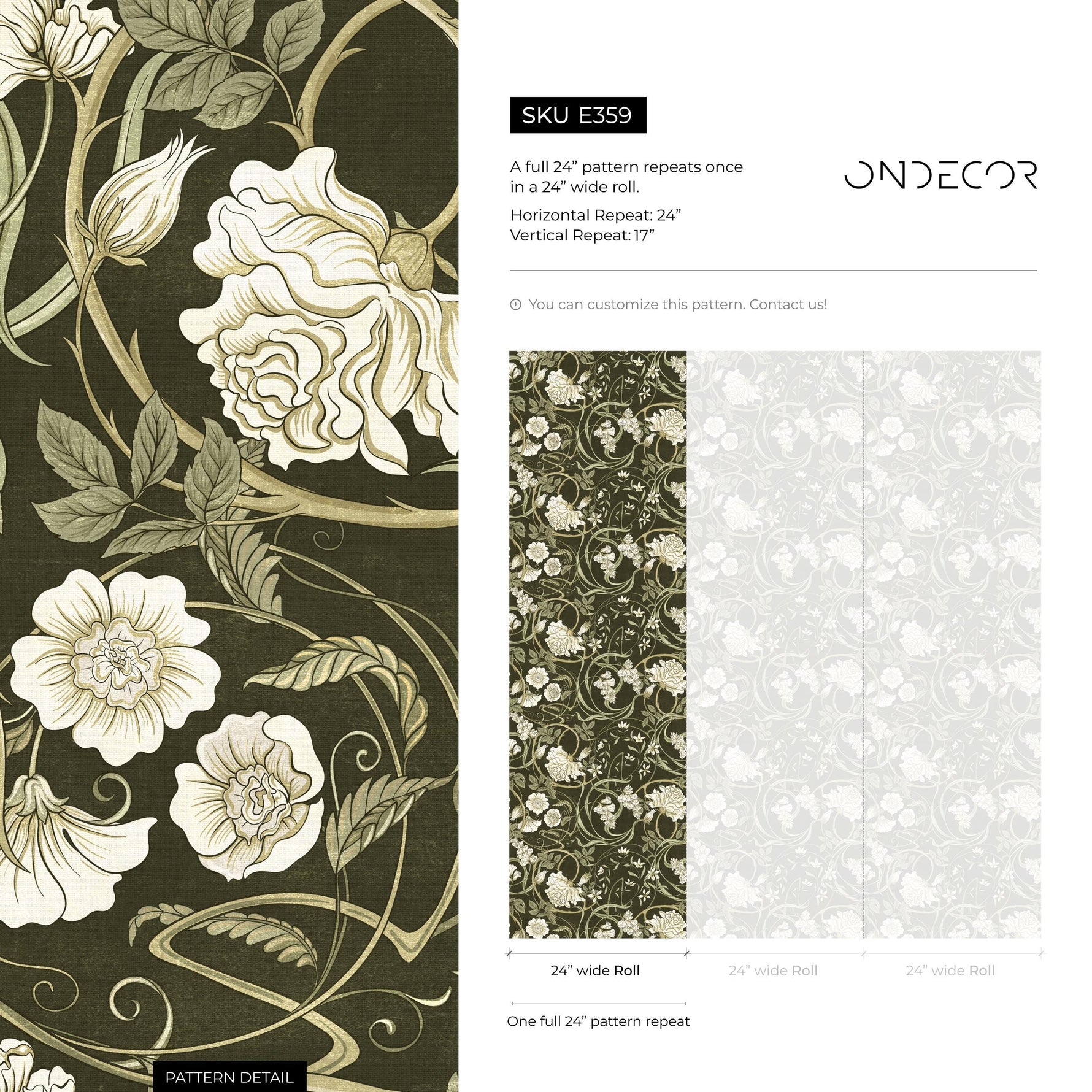 Art Nouveau Wallpaper with Swirling Floral Vines in Green and Cream - E359