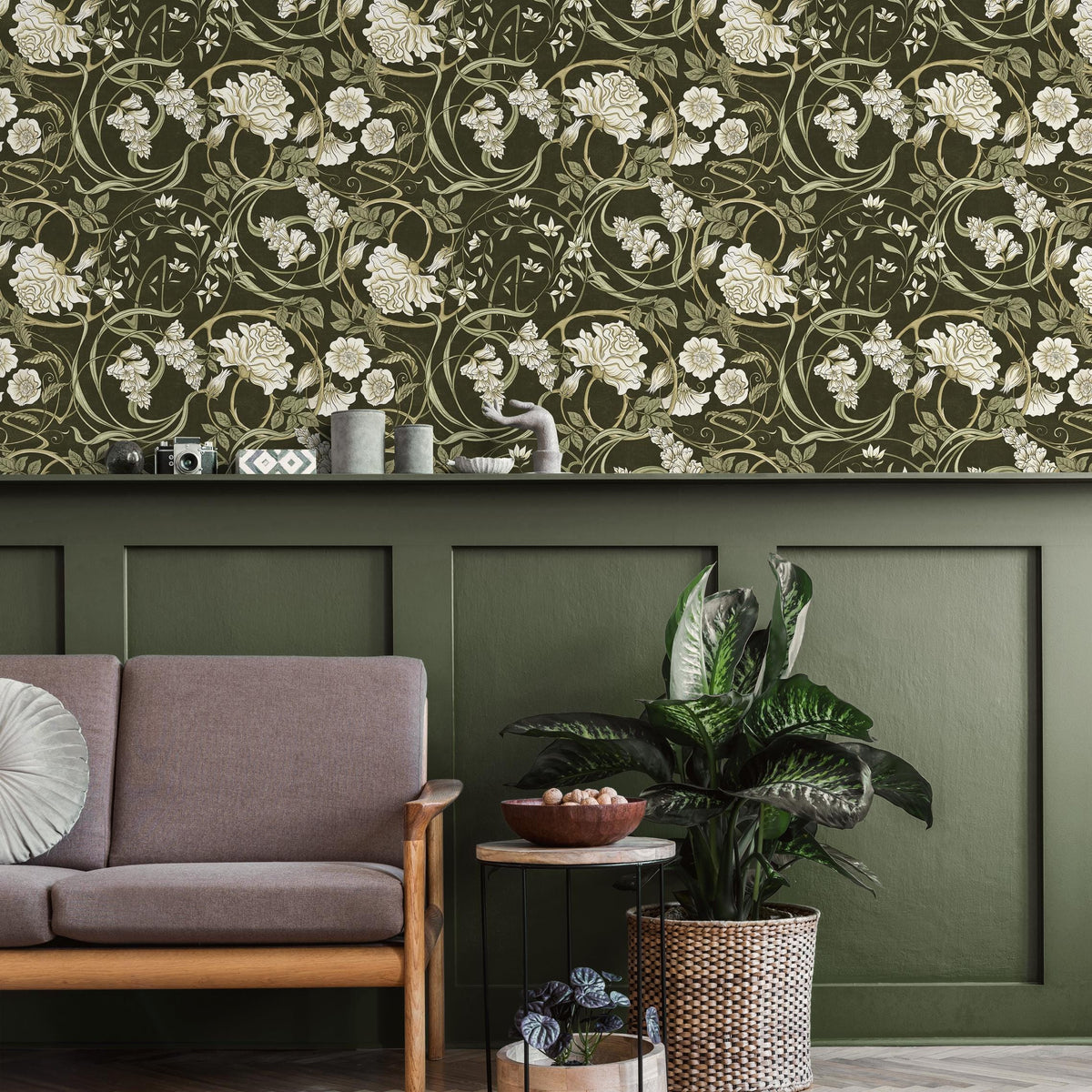 Art Nouveau Wallpaper with Swirling Floral Vines in Green and Cream - E359