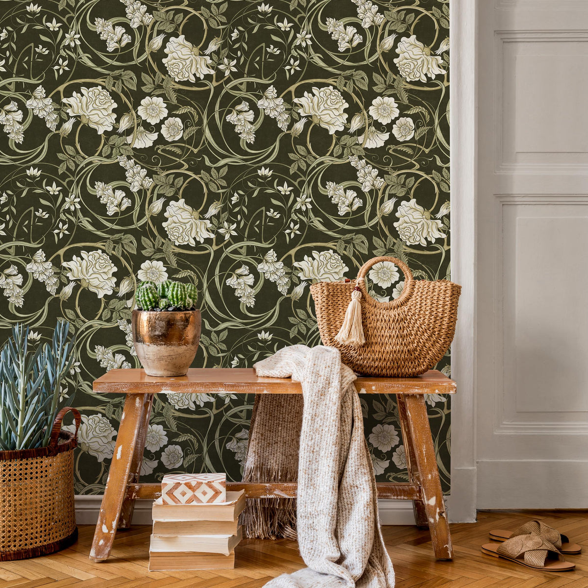 Art Nouveau Wallpaper with Swirling Floral Vines in Green and Cream - E359