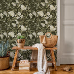 Art Nouveau Wallpaper with Swirling Floral Vines in Green and Cream - E359