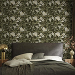 Art Nouveau Wallpaper with Swirling Floral Vines in Green and Cream - E359