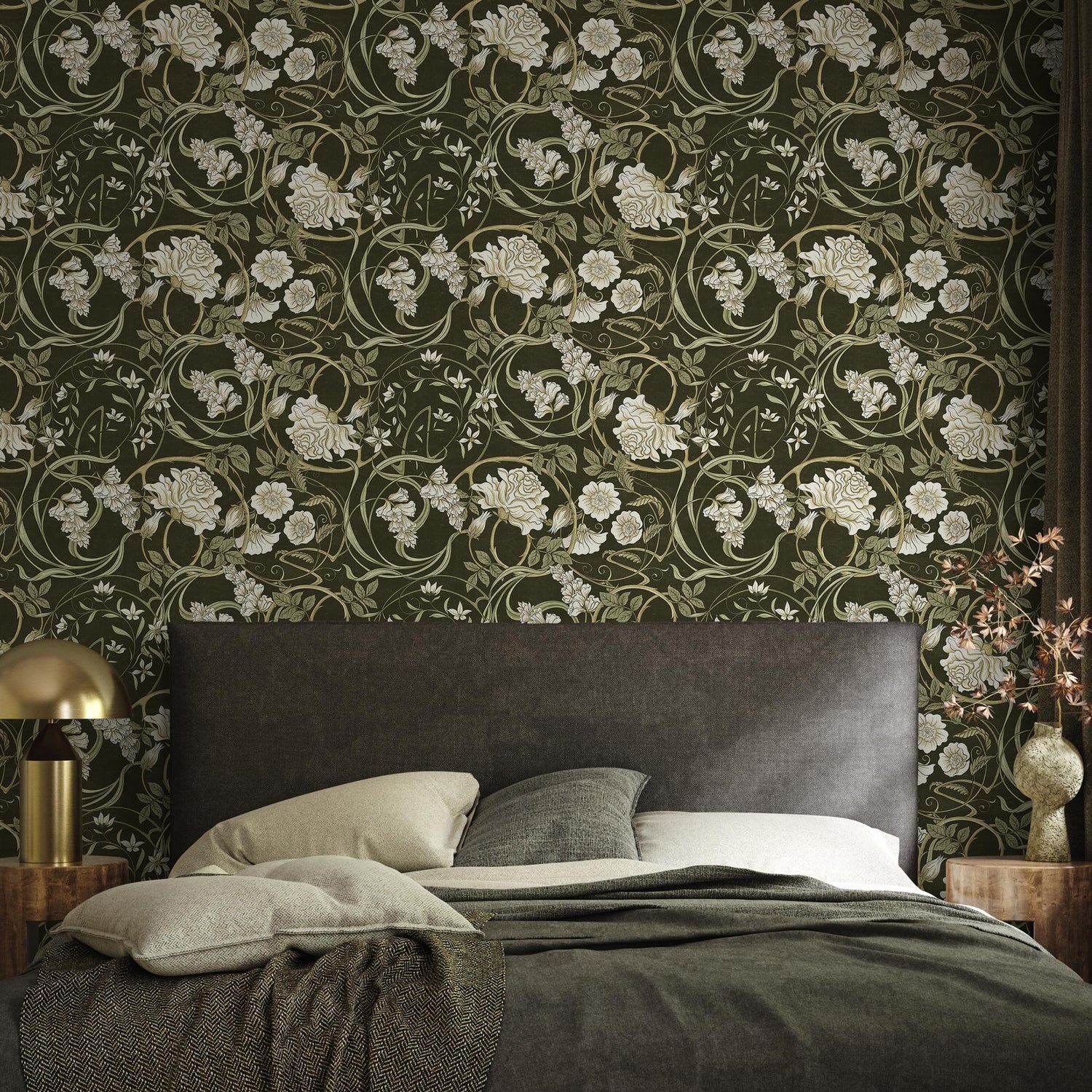 Art Nouveau Wallpaper with Swirling Floral Vines in Green and Cream - E359