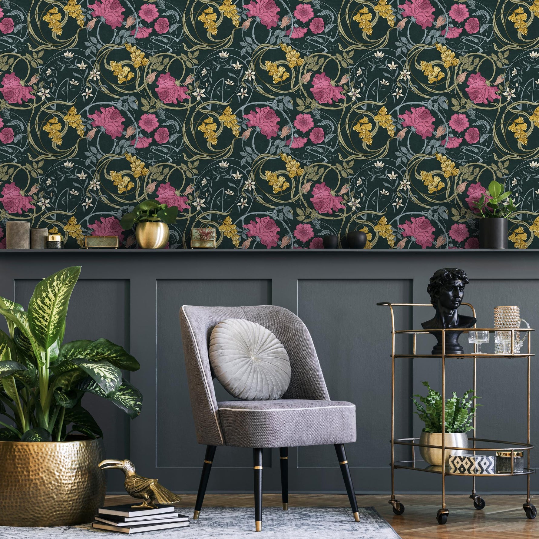 Art Nouveau Wallpaper with Floral Vines in Dark Blue, Pink and Yellow - E364