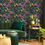 Art Nouveau Wallpaper with Floral Vines in Dark Blue, Pink and Yellow - E364