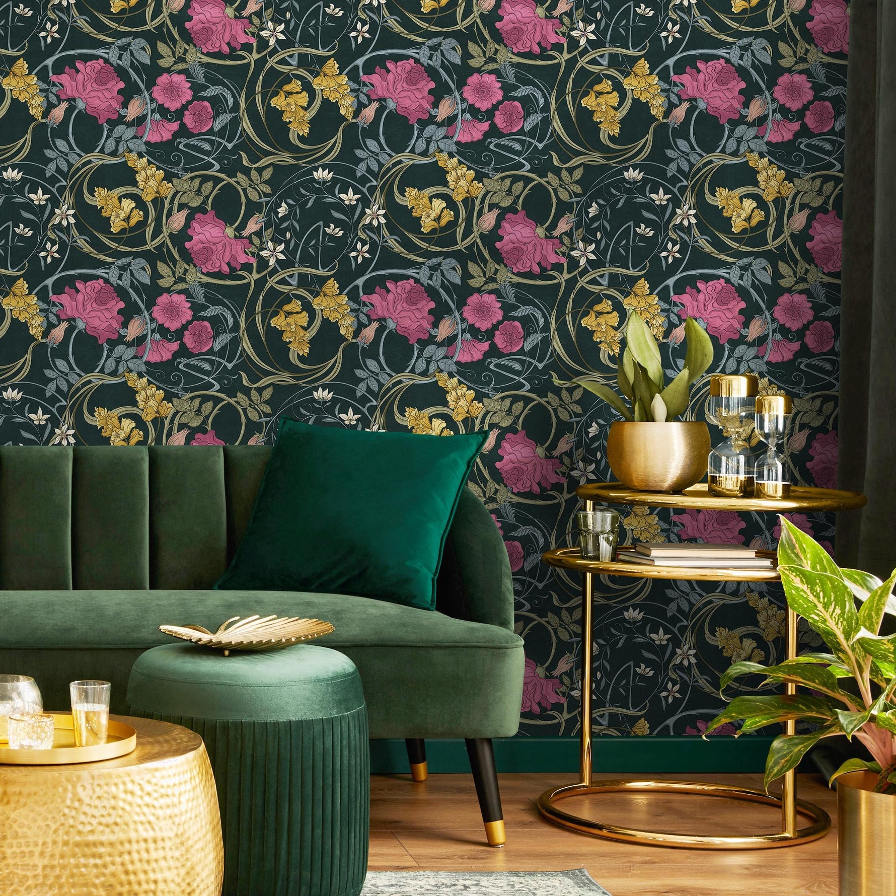Art Nouveau Wallpaper with Floral Vines in Dark Blue, Pink and Yellow - E364