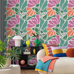 Floral Wallpaper with Abstract Blooms in Pink, Orange and Green - E365