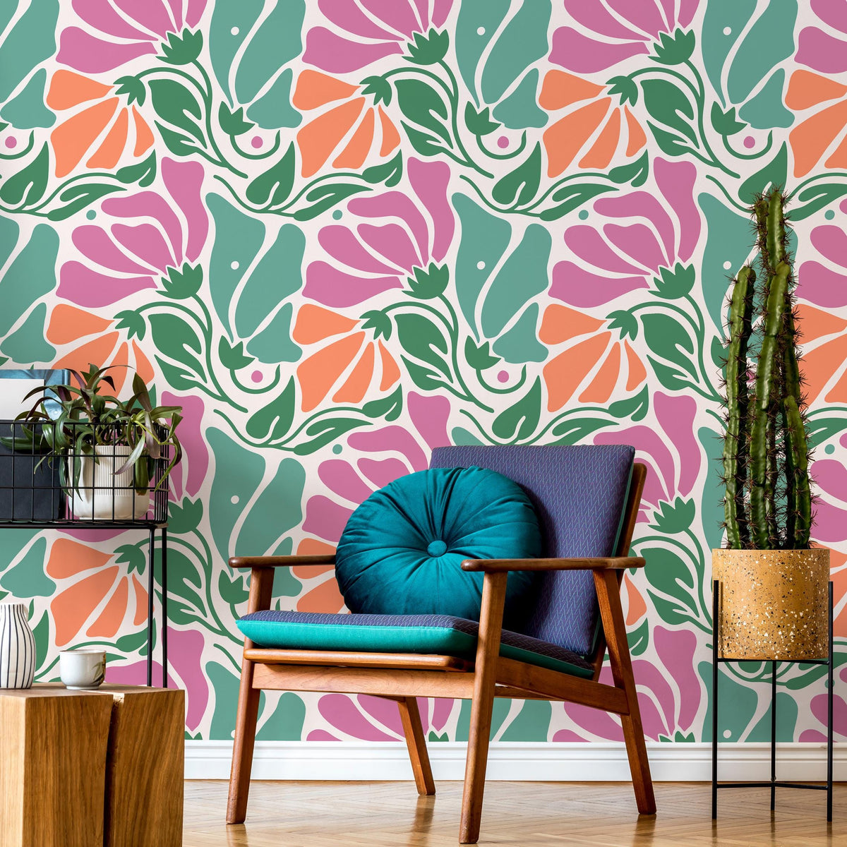 Floral Wallpaper with Abstract Blooms in Pink, Orange and Green - E365