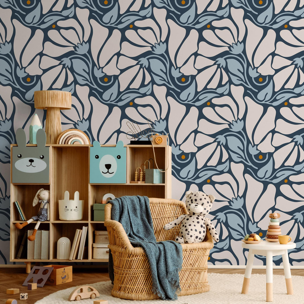 Floral Wallpaper with Stylized Blooms in Dark Blue, Light Blue and Beige - E369