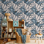 Floral Wallpaper with Stylized Blooms in Dark Blue, Light Blue and Beige - E369