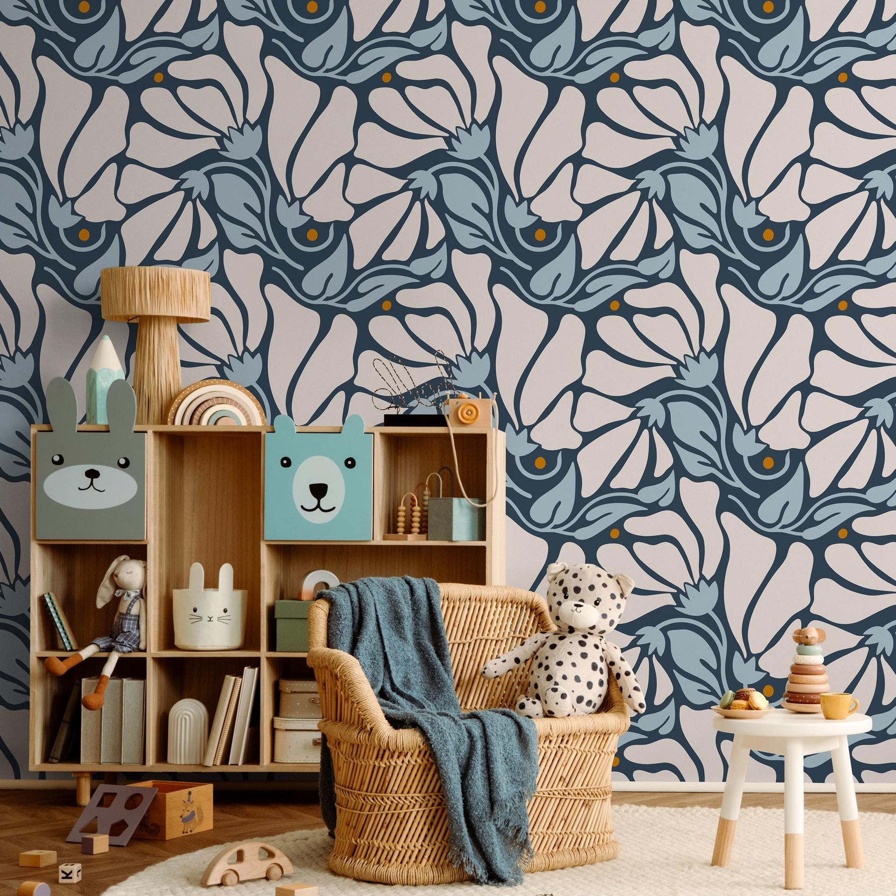 Floral Wallpaper with Stylized Blooms in Dark Blue, Light Blue and Beige - E369