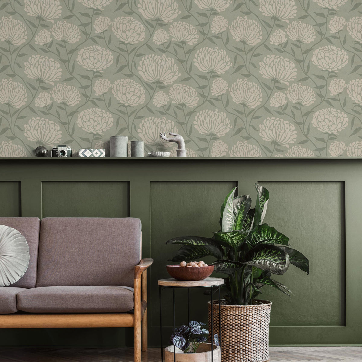 Floral Wallpaper with Stylized Chrysanthemum Blooms in Sage Green and Cream - E372