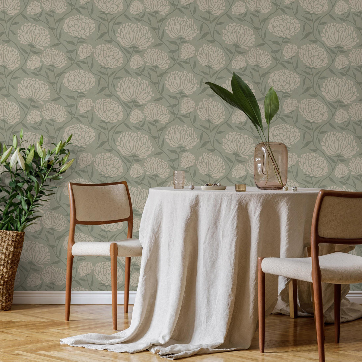Floral Wallpaper with Stylized Chrysanthemum Blooms in Sage Green and Cream - E372