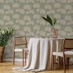 Floral Wallpaper with Stylized Chrysanthemum Blooms in Sage Green and Cream - E372