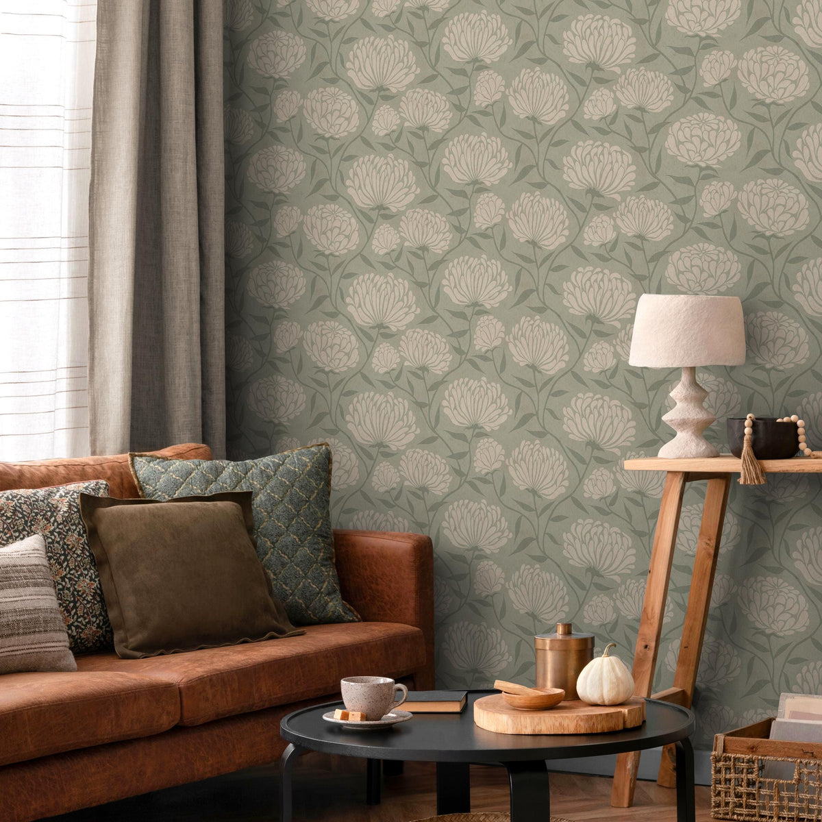 Floral Wallpaper with Stylized Chrysanthemum Blooms in Sage Green and Cream - E372