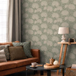 Floral Wallpaper with Stylized Chrysanthemum Blooms in Sage Green and Cream - E372