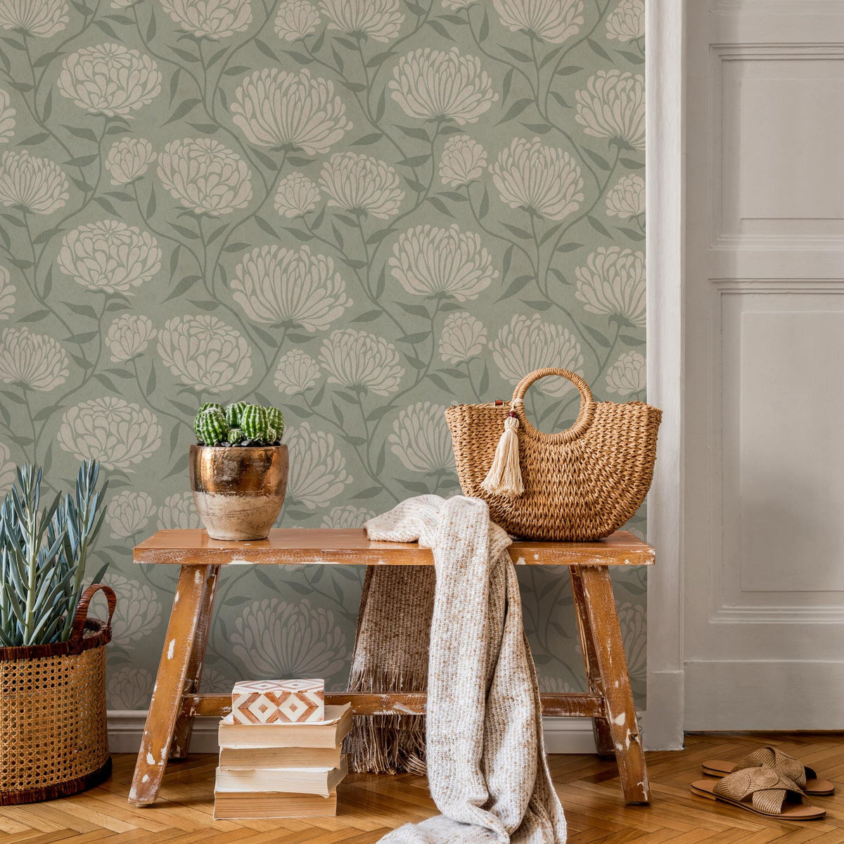 Floral Wallpaper with Stylized Chrysanthemum Blooms in Sage Green and Cream - E372