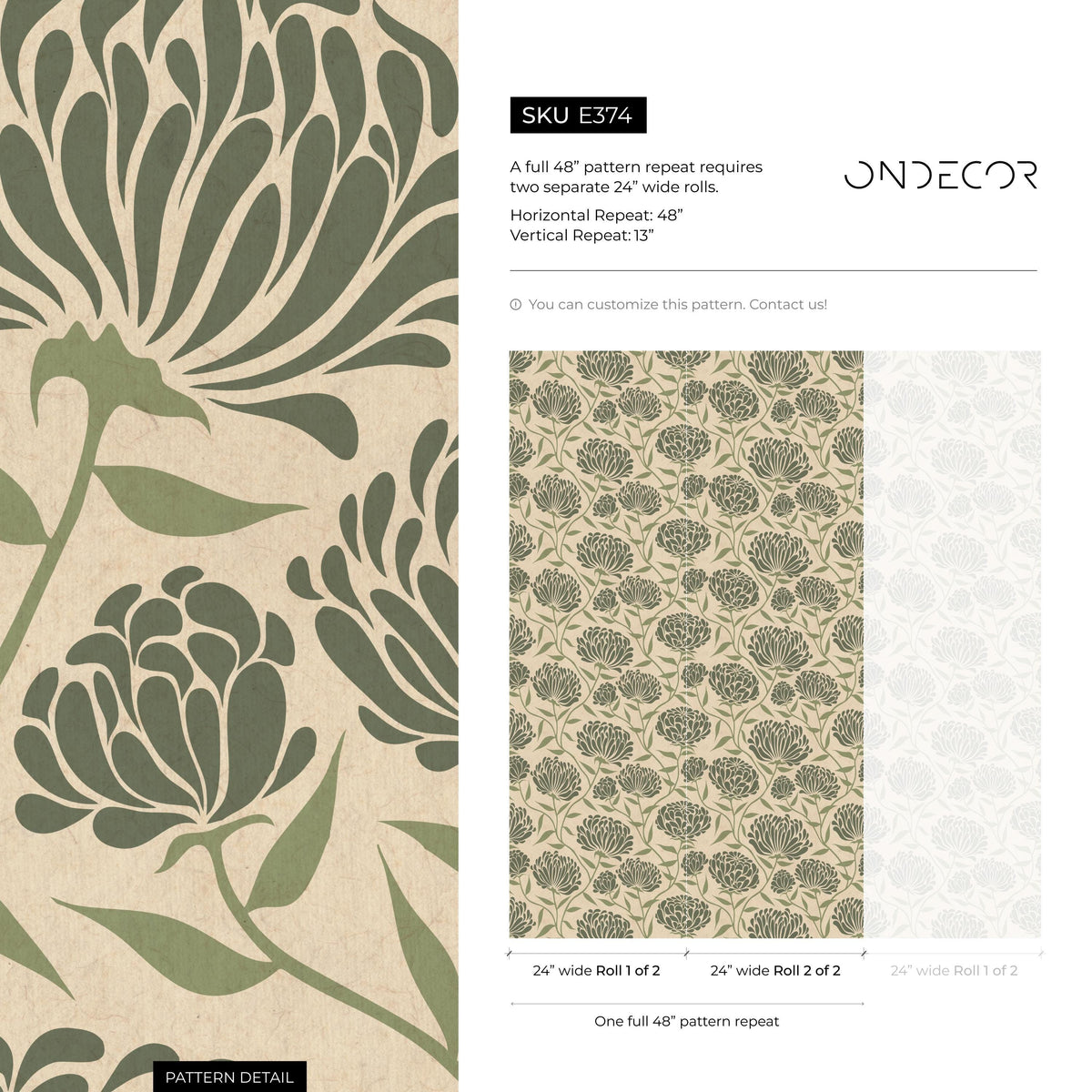 Floral Wallpaper with an Arts and Crafts Motif in Green and Beige - E374