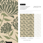Floral Wallpaper with an Arts and Crafts Motif in Green and Beige - E374